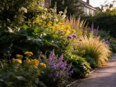 Sunlit garden path bordered by bold large-leafed perennials, brilliant yellow flower clusters, purple verbena spikes and towering golden ornamental grasses near a house.