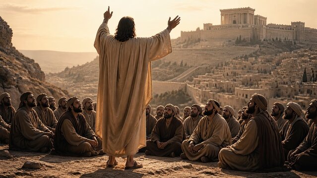 Biblical prophet preaching to a seated crowd near Jerusalem. Ancient Judean desert sermon overlooking the temple and city. Religious teaching, faith, Christianity, and spiritual guidance.