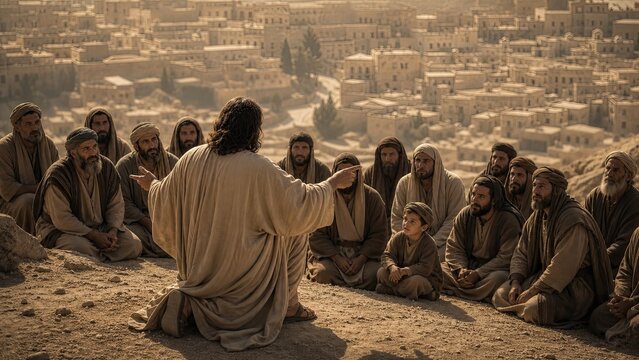 Biblical preacher teaching a gathered crowd of men and boy overlooking Jerusalem. Ancient Judea sermon scene representing Christianity, faith, scripture, discipleship, and spiritual guidance.