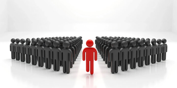 Leadership Breaking Away From the Crowd with Bold Red Figure Moving Forward Among Hundreds of Black Figures Symbolizing Innovation Courage Independent Thinking Business Success and Market Disruption