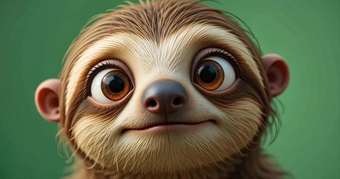 Cute cartoon sloth face close up green background furry detail