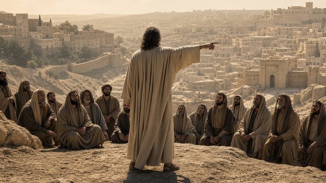 Biblical prophet preaching to a group of men overlooking ancient Jerusalem. Christian teaching, spiritual guidance, faith, and parable concept in Judean desert landscape.