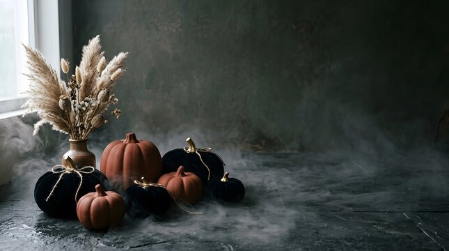 A captivating autumnal still life featuring a collection of pumpkins nestled amongst a swirling mist evoking the enchanting spirit of halloween and the fall