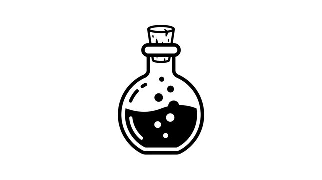 Minimalist black and white vector icon of a magic potion bottle with bubbling elixir and cork lid