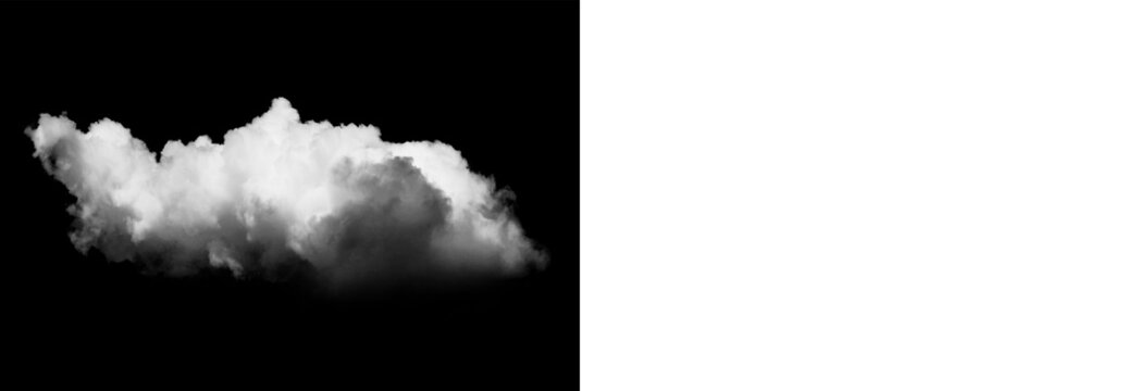 Dense white cloud mass isolated on black with transparent grid for sky replacement.