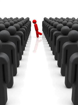 Leadership Breaking Away From the Crowd with Bold Red Figure Moving Forward Among Hundreds of Black Figures Symbolizing Innovation Courage Independent Thinking Business Success and Market Disruption