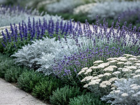Refined lavender and silver garden border with rows of deep purple lavender, soft dusty miller rosettes and flat-topped white yarrow blooms along a pale stone path edge.