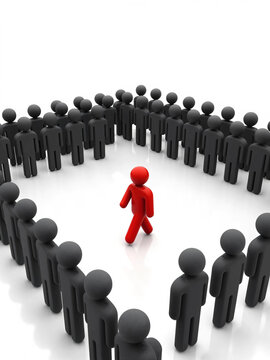Leadership Breaking Away From the Crowd with Bold Red Figure Moving Forward Among Hundreds of Black Figures Symbolizing Innovation Courage Independent Thinking Business Success and Market Disruption