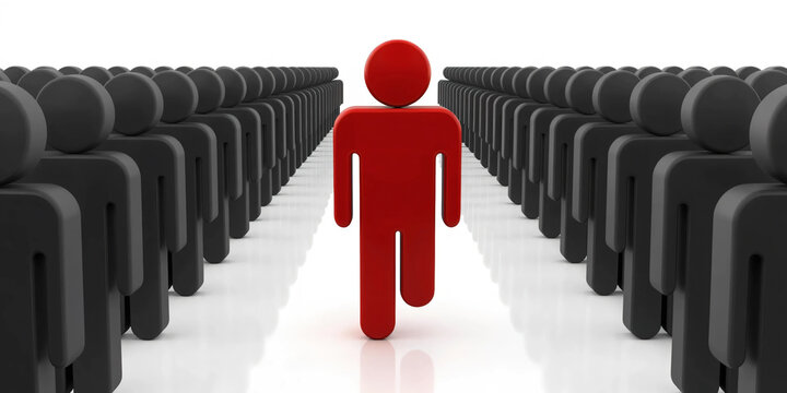 Leadership Breaking Away From the Crowd with Bold Red Figure Moving Forward Among Hundreds of Black Figures Symbolizing Innovation Courage Independent Thinking Business Success and Market Disruption