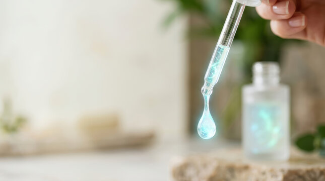 Microbiome research pipette serum drop laboratory skincare liquid sample glow for gentle skin science study on cosmetic formula