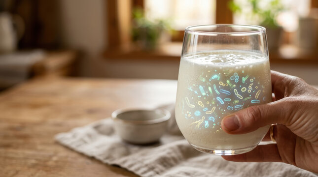 Microbiome research milk glass hand kitchen probiotic drink with glowing microbe pattern on wooden table warm natural light