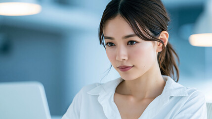 Obraz premium Business Woman Working on Computer in Modern Office, Copy Space