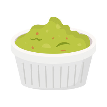 Vector illustration of a bowl of fresh guacamole, a traditional Mexican avocado sauce, served in a small white container.