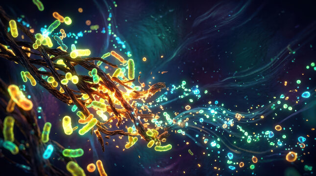 Microbiome research bacteria glowing microbe cell abstract science scene with branch form and dark fluid background