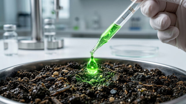 Microbiome research pipette soil sample green liquid laboratory biotechnology study for sustainable agriculture and scientific analysis