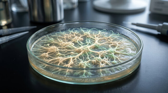 Microbiome research petri dish culture glass laboratory sample glowing network pattern science experiment scene on dark bench