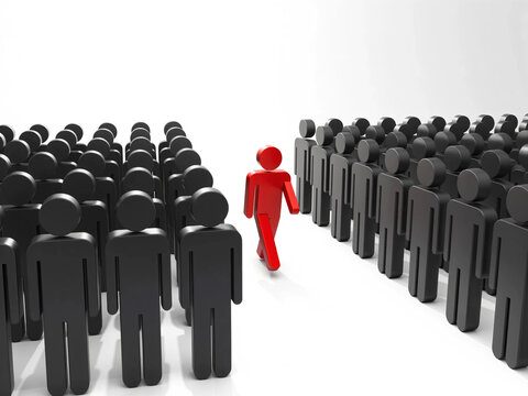 Leadership Breaking Away From the Crowd with Bold Red Figure Moving Forward Among Hundreds of Black Figures Symbolizing Innovation Courage Independent Thinking Business Success and Market Disruption