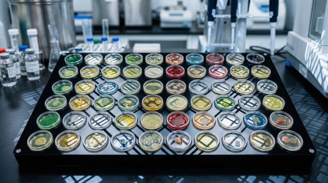 Microbiome research petri dish laboratory sample culture array scientific plate for sterile biotechnology study across colorful agar media