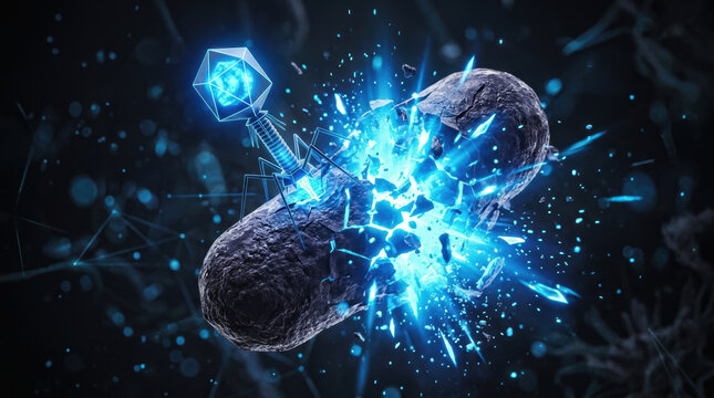 Microbiome research bacteriophage bacteria virus cell, blue scientific concept showing infection and microbial analysis