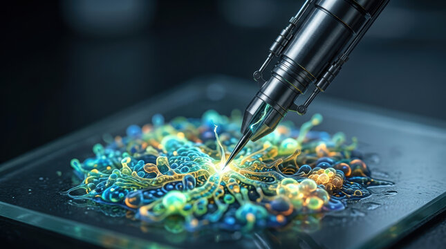 Microbiome research microscope needle agar cell culture glowing laboratory science sample closeup with colorful microbe pattern