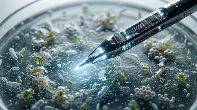 Microbiome research petri dish microscope microbe colony with futuristic probe examining culture for medical laboratory science