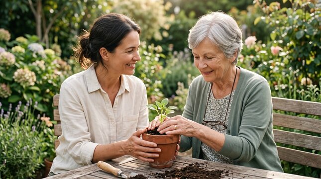 Happy adult daughter and senior mother potting a plant together in the garden