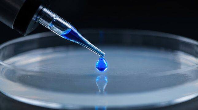 Microbiome research pipette drop blue liquid petri dish in sterile laboratory for biotechnology culture analysis and clinical study