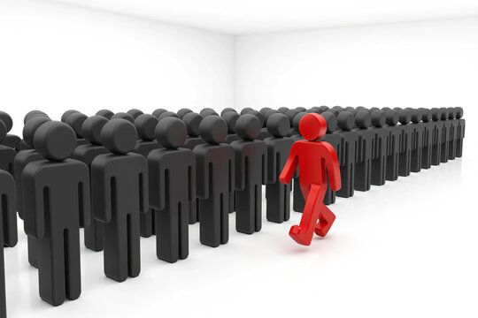 Leadership Breaking Away From the Crowd with Bold Red Figure Moving Forward Among Hundreds of Black Figures Symbolizing Innovation Courage Independent Thinking Business Success and Market Disruption