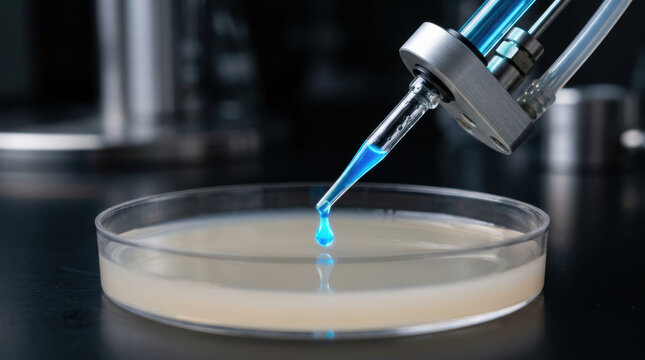 Microbiome research pipette petri dish blue liquid droplet over culture medium in dark laboratory for biotechnology experiment