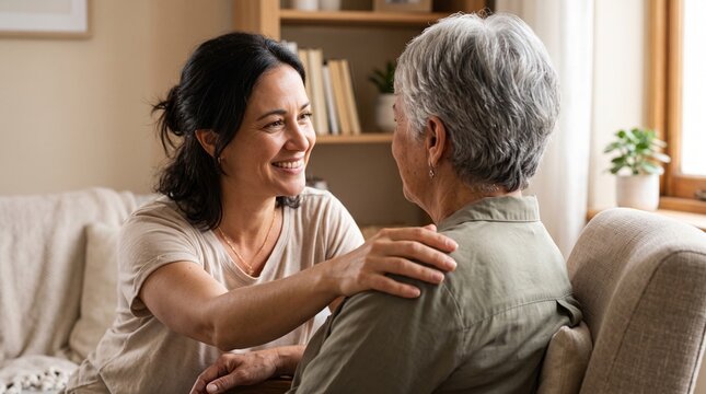 Loving adult daughter supporting and comforting her senior mother at home