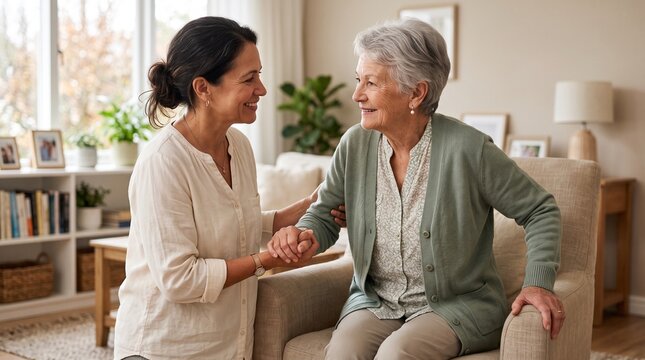 Caring daughter helping her elderly mother stand up from an armchair at home