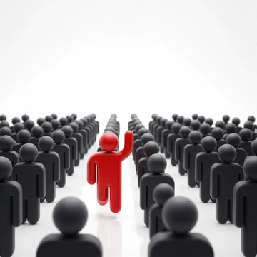 Leadership Breaking Away From the Crowd with Bold Red Figure Moving Forward Among Hundreds of Black Figures Symbolizing Innovation Courage Independent Thinking Business Success and Market Disruption