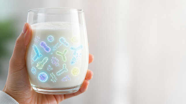 Microbiome research milk glass hand bacteria probiotic science concept for gut health nutrition and laboratory study with calm clean light