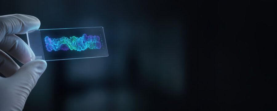 Microbiome research, scientist hand, glass slide, glowing sample reveals microscopic cell pattern in dark laboratory study