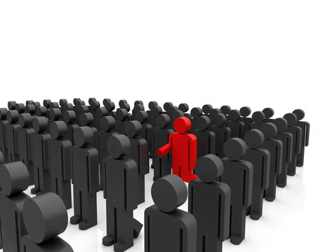 Leadership Breaking Away From the Crowd with Bold Red Figure Moving Forward Among Hundreds of Black Figures Symbolizing Innovation Courage Independent Thinking Business Success and Market Disruption