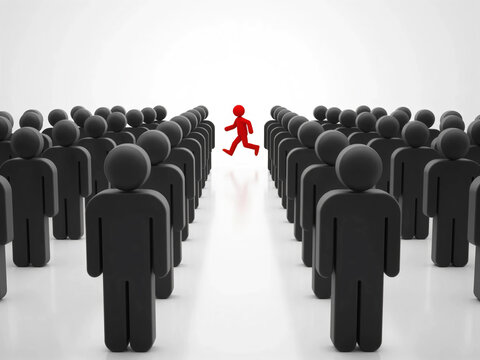 Leadership Breaking Away From the Crowd with Bold Red Figure Moving Forward Among Hundreds of Black Figures Symbolizing Innovation Courage Independent Thinking Business Success and Market Disruption