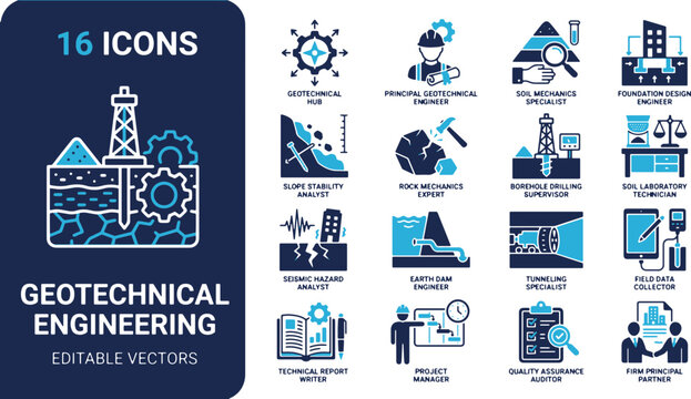 Geotechnical engineering vector icons featuring soil mechanics, slope stability analysis, and drilling equipment symbols.