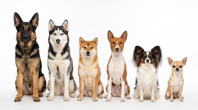 Group of six different dog breeds sitting together in a row