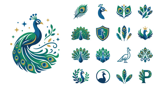 Peacock vector logo elements with stylized bird and nature motifs