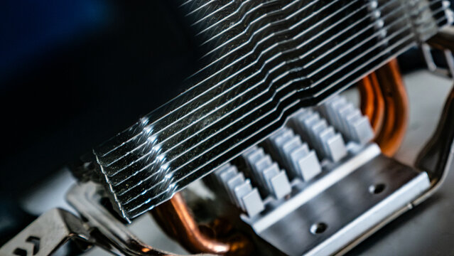 CPU Heatsink Cooling Fins with Copper Heat Pipes Close-Up, Computer Hardware Component Detail