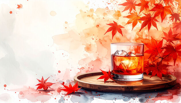 紅葉とグラスに入った琥珀色のドリンク　水彩画風の秋の背景素材　木製トレイと鮮やかなモミジが描かれた上品なイラスト　文字入れ用の広い余白があるデザインテンプレート　季節の挨拶や広告バナーに活用できるおしゃれな和風イメージ