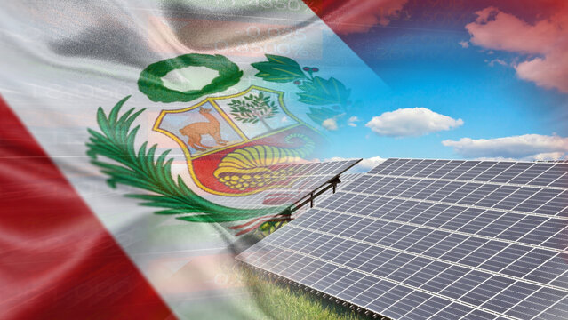 Peru solar power, renewable energy industry, solar energy, green technology and manufacturing, photovoltaics. Peru flag, solar panels, financial charts.