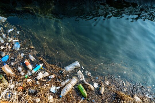 Close up view of contaminated water with trash and murky texture highlighting environmental pollution issues