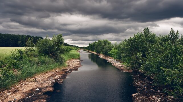 Polluted river reflecting gray sky a stark reminder of environmental degradation and its impact on nature