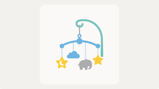 Flat vector illustration of a baby crib mobile with hanging stars and elephant