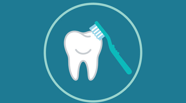 Dental Care Illustration of Toothbrush Cleaning White Tooth on Teal Background