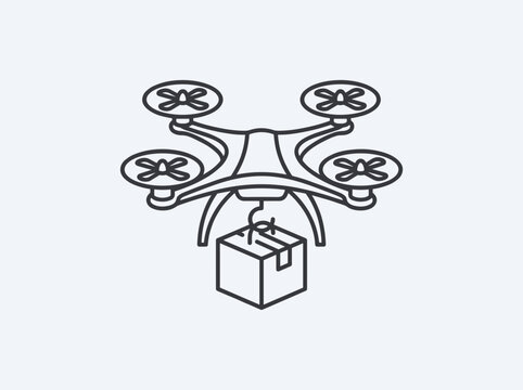 Delivery drone carrying package box line art illustration for shipping logistics technology