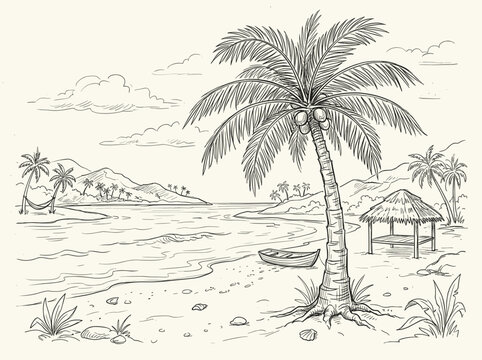Hand drawn tropical beach landscape sketch with palm tree and ocean
