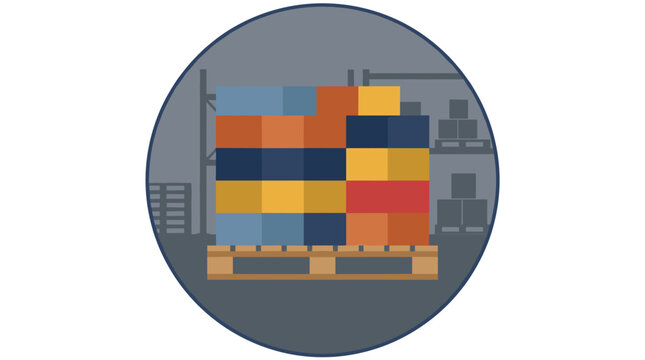 Stacked colorful boxes on wooden pallet in industrial warehouse storage facility