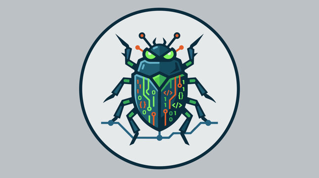 Cyber security insect illustration featuring circuit patterns and binary code representing a software bug